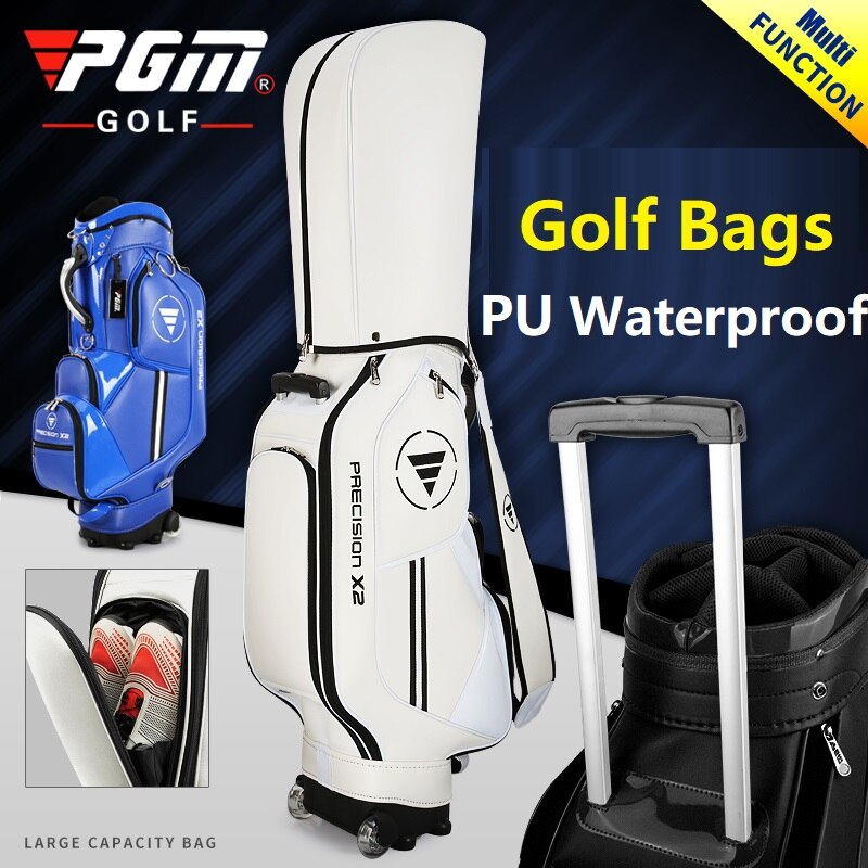 PGM Golf Standard Ball Bag Professional Leather PU Waterproof Golf Cart Club Airbag High Capacity Package With Wheel QB029